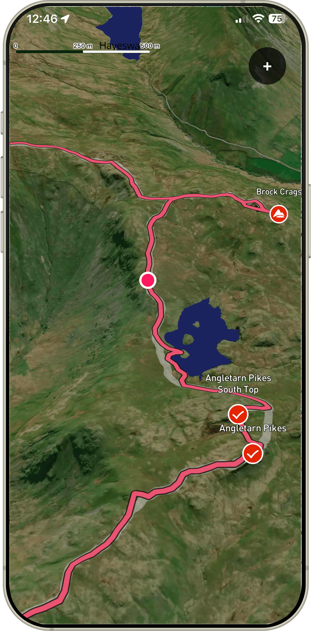 3D satellite fly-by of a walking route over Angletarn Pikes in the Our Fells app