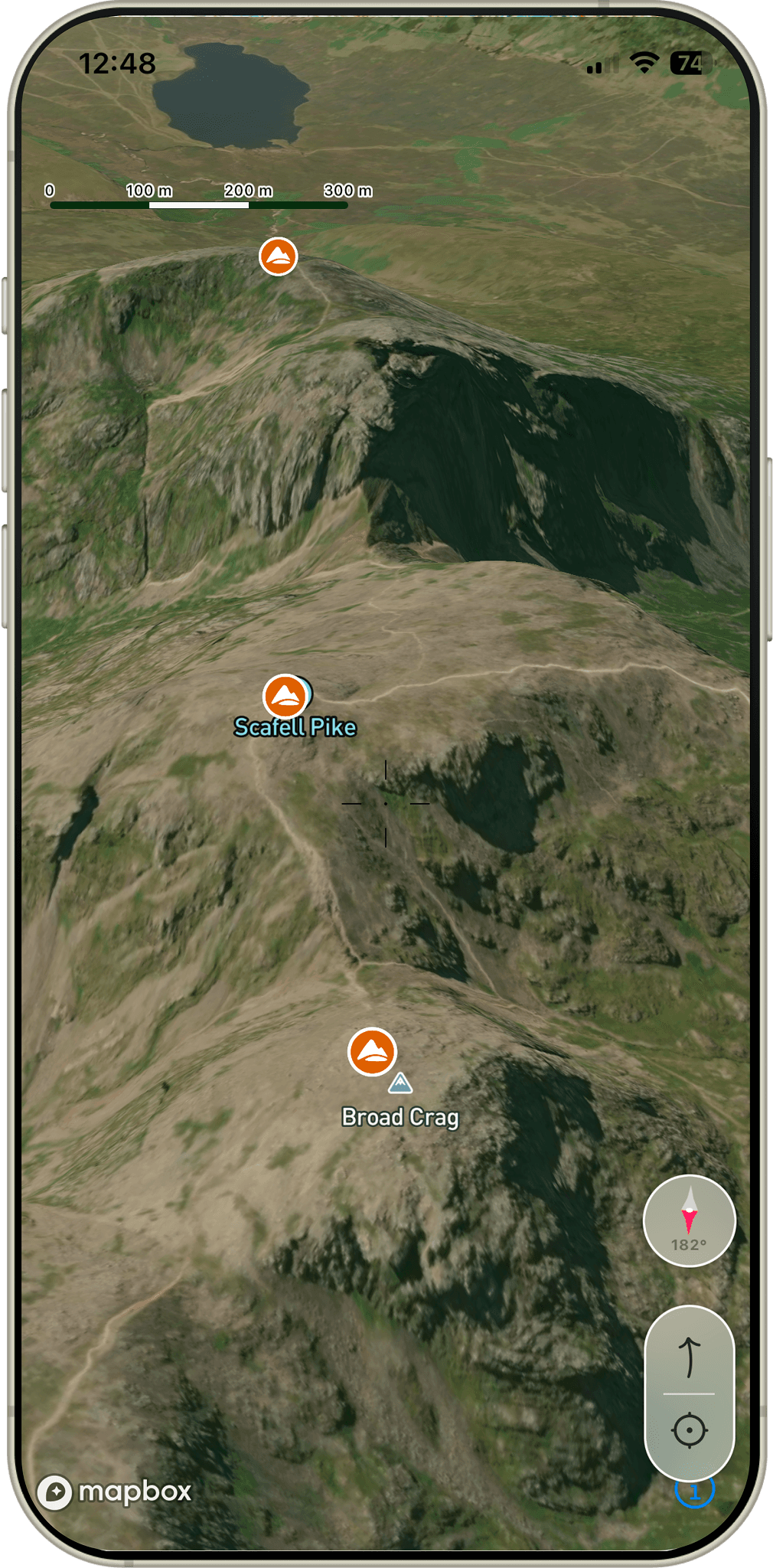 3D satellite terrain view of Scafell Pike and Broad Crag in the Our Fells app