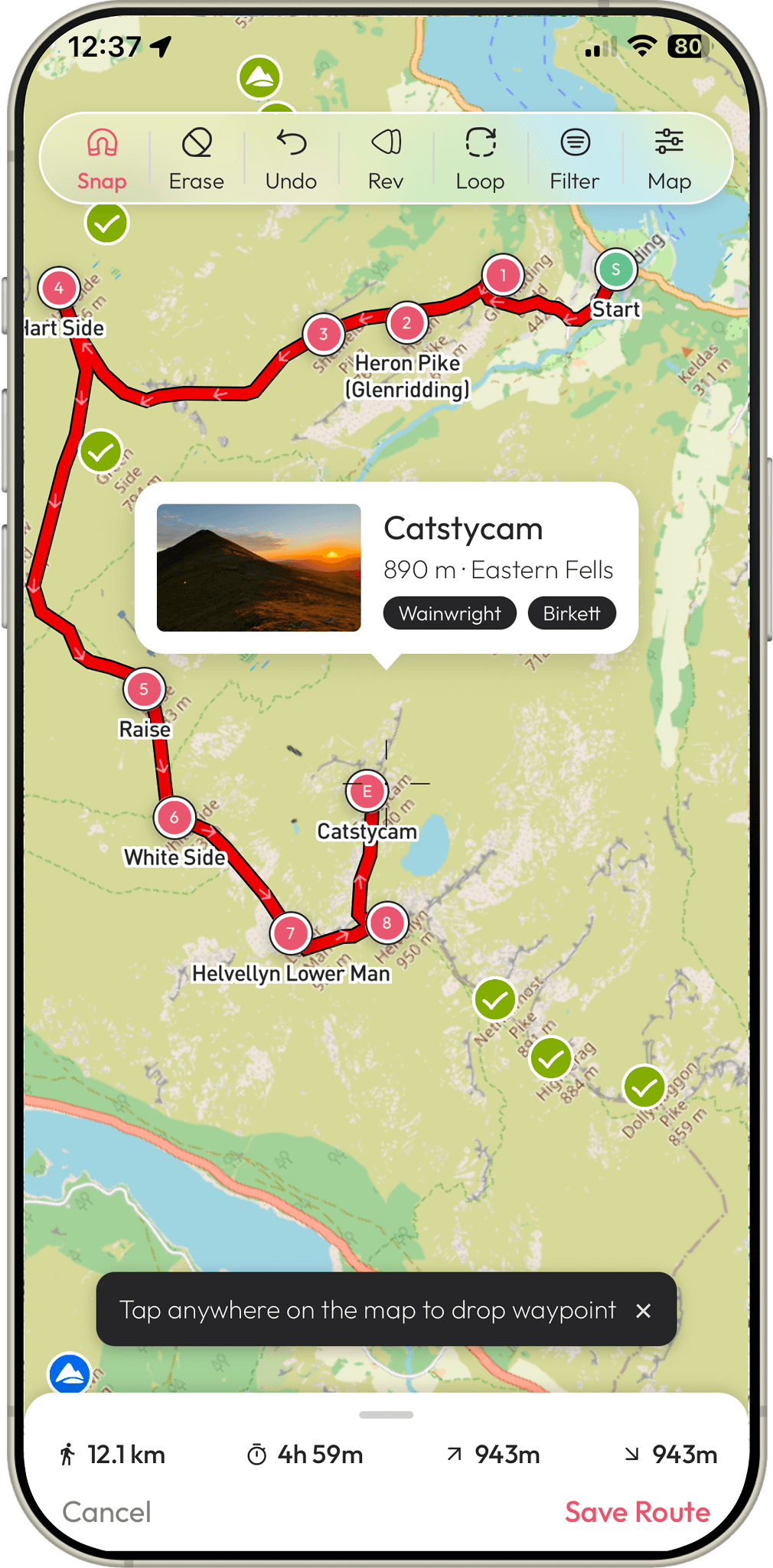 Editing an imported GPX route over Helvellyn and Catstycam in the Our Fells app