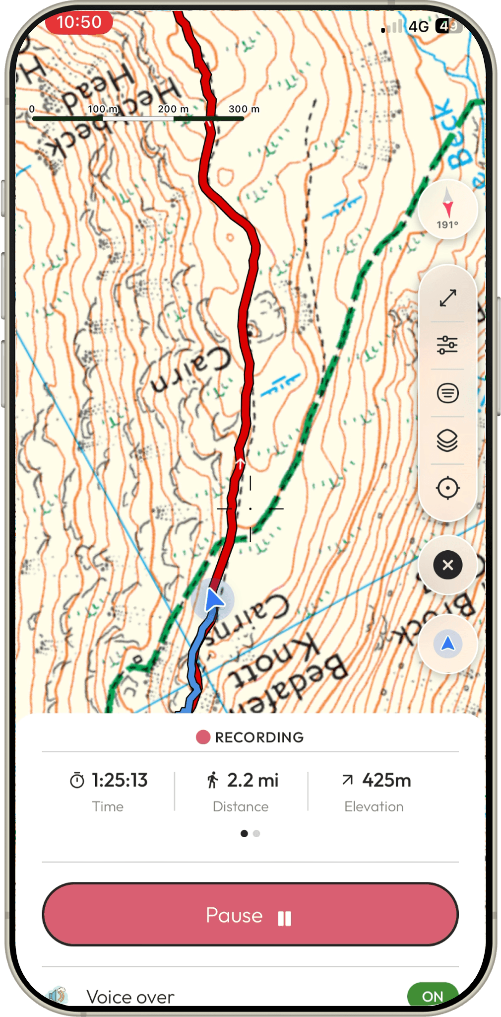 Recording a fell walk in the Our Fells app with live time, distance and elevation stats