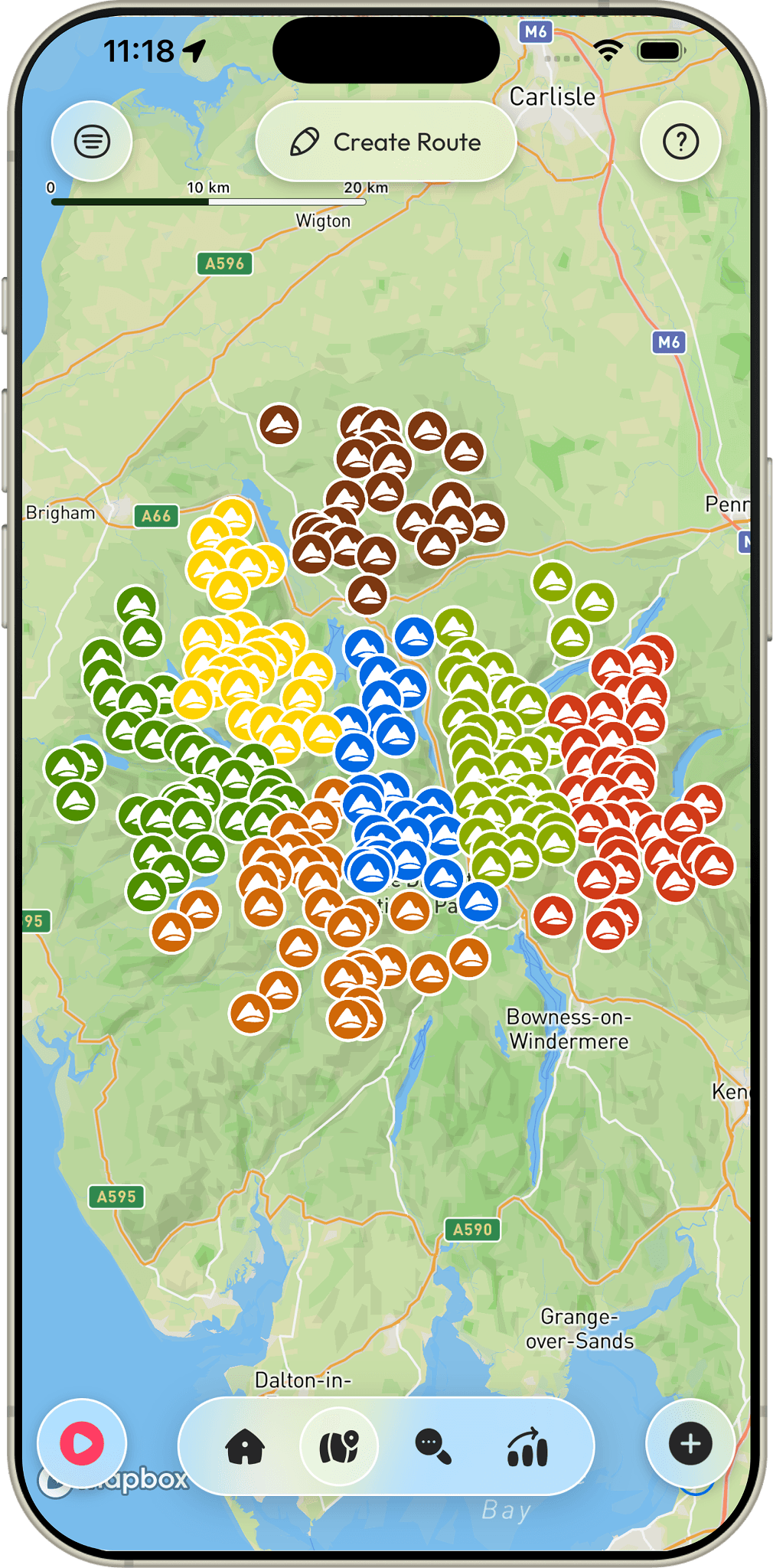Map of the Lake District in the Our Fells app showing all 214 Wainwright fells colour-coded by region