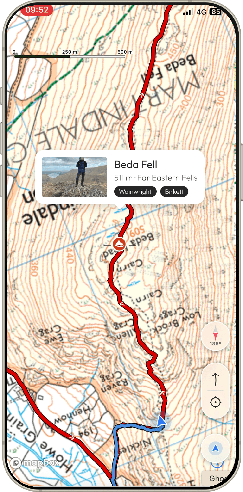 Offline OS map navigation on Beda Fell in the Our Fells app showing live position on the route