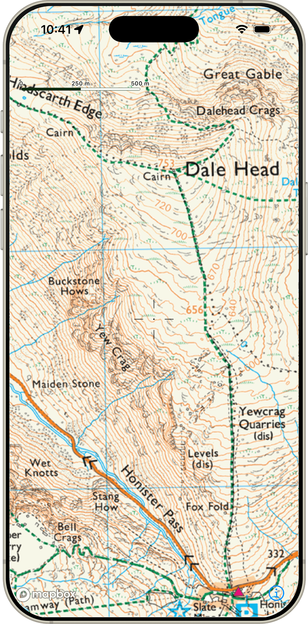 Ordnance Survey map of Dale Head and Honister Pass in the Our Fells hiking app
