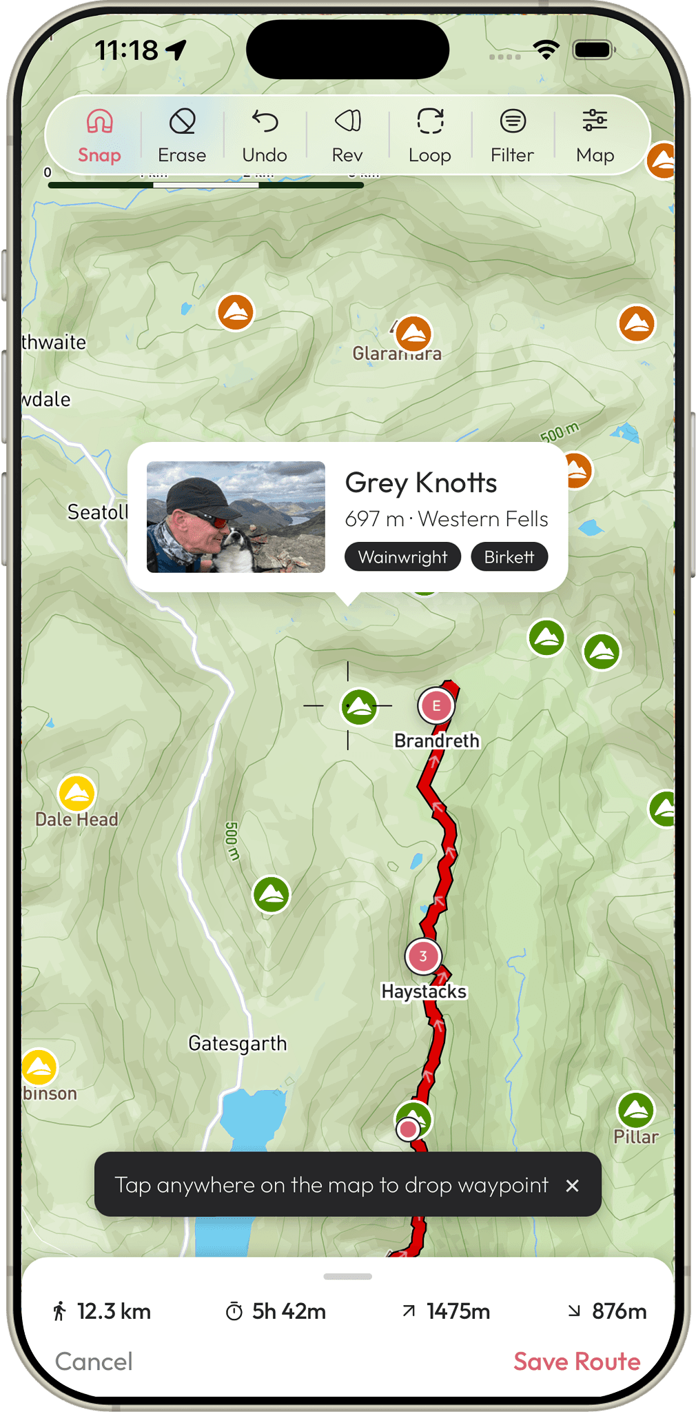 Creating a walking route over Haystacks and Brandreth in the Our Fells route planner with snap-to-path