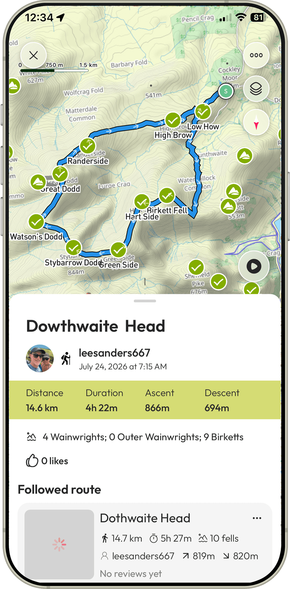 A recorded fell-walking activity over Great Dodd and Stybarrow Dodd in the Our Fells app, synced with Strava